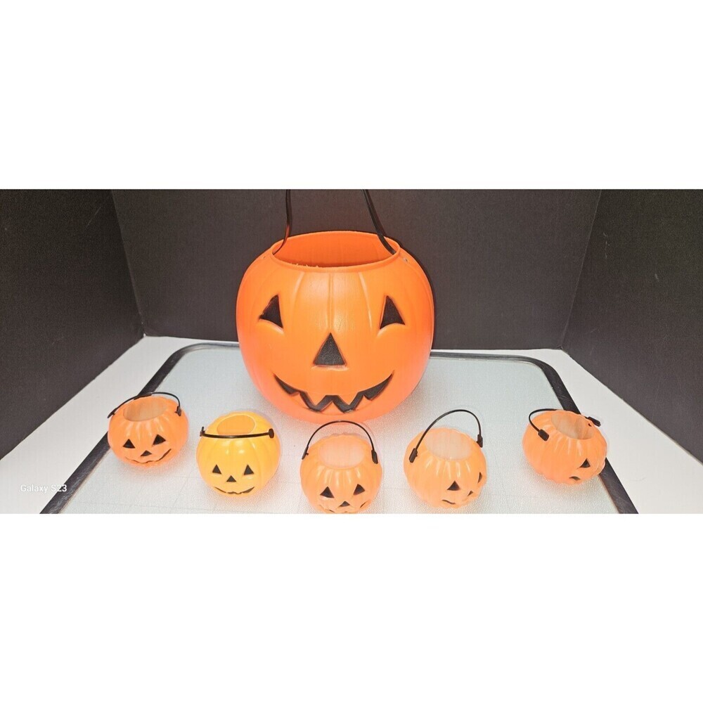Vtg 1980's Empire Blow Mold Pumpkin Jack-o-lantern Bucket W/ 5 Mini Pumpkins